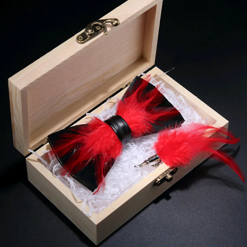 Premium Handmade Feather Bow Tie & Lapel Brooch with Wooden Box Set