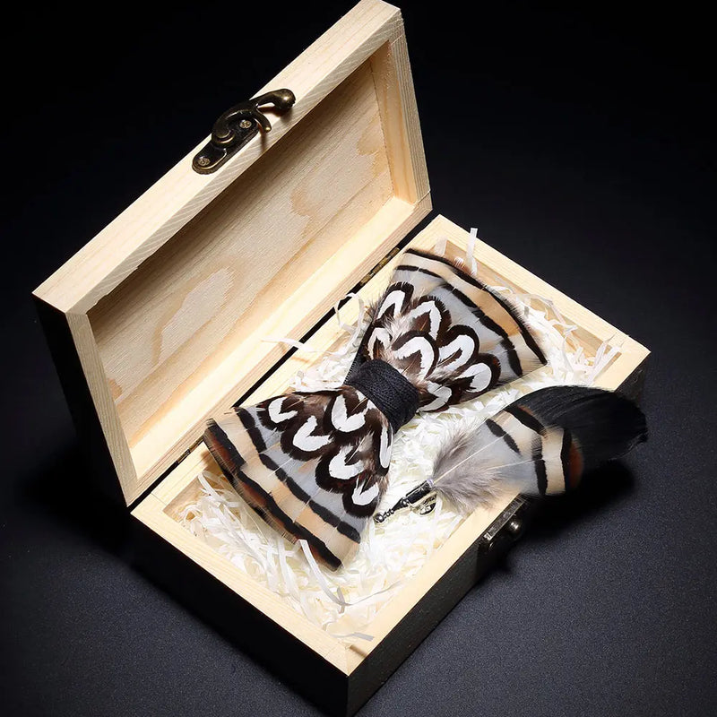 Premium Handmade Feather Bow Tie & Lapel Brooch with Wooden Box Set