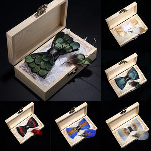Premium Handmade Feather Bow Tie & Lapel Brooch with Wooden Box Set