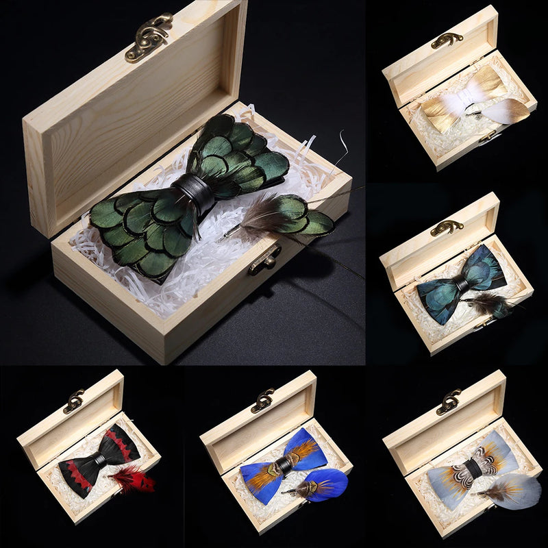 Premium Handmade Feather Bow Tie & Lapel Brooch with Wooden Box Set