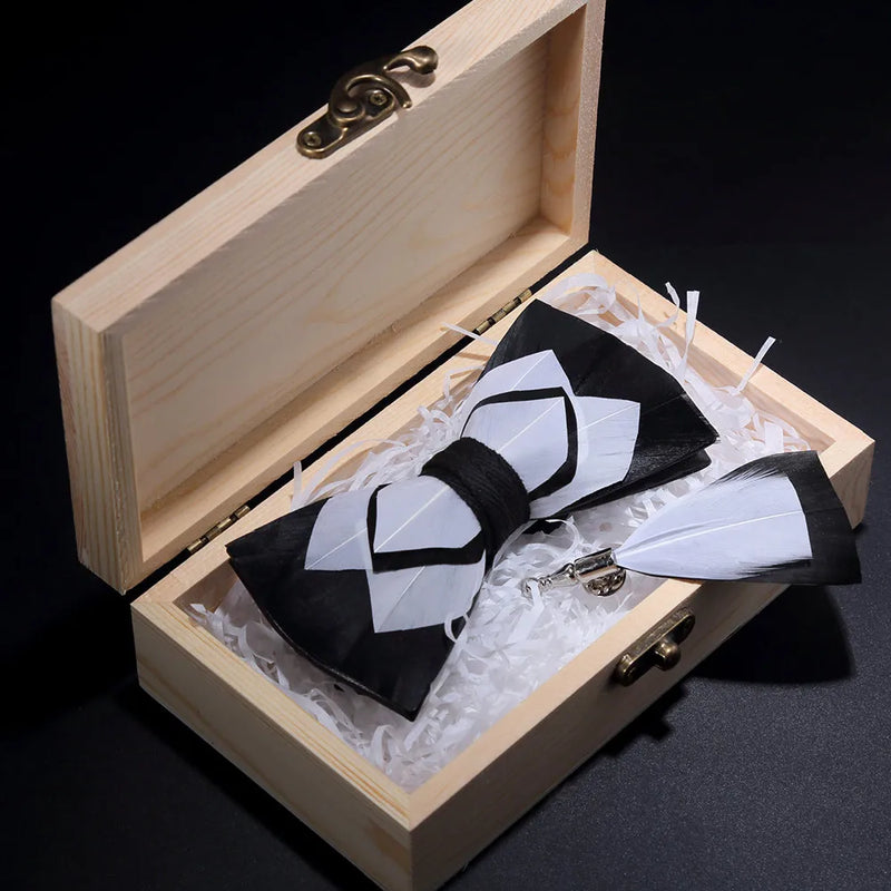 Premium Handmade Feather Bow Tie & Lapel Brooch with Wooden Box Set