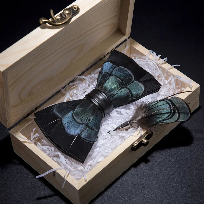 Premium Handmade Feather Bow Tie & Lapel Brooch with Wooden Box Set