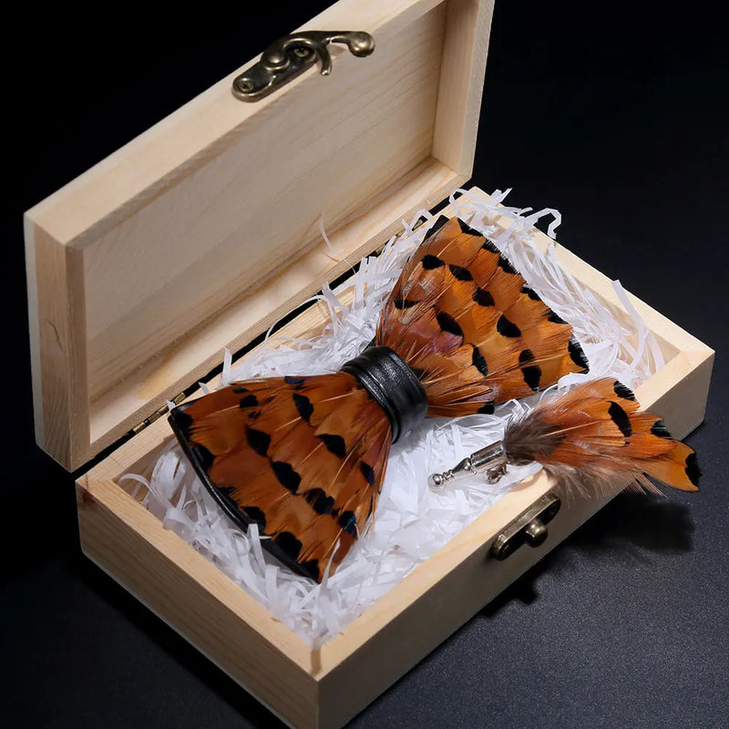 Premium Handmade Feather Bow Tie & Lapel Brooch with Wooden Box Set