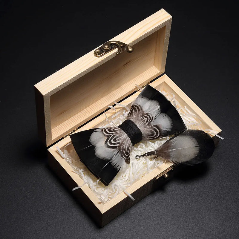 Premium Handmade Feather Bow Tie & Lapel Brooch with Wooden Box Set