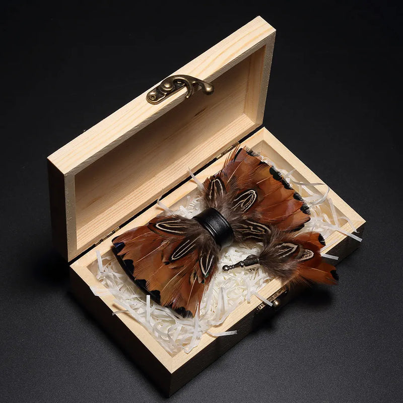 Premium Handmade Feather Bow Tie & Lapel Brooch with Wooden Box Set