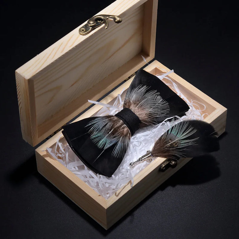 Premium Handmade Feather Bow Tie & Lapel Brooch with Wooden Box Set