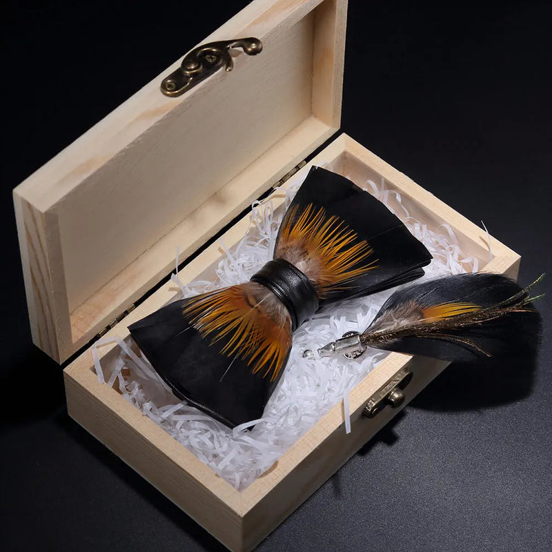 Premium Handmade Feather Bow Tie & Lapel Brooch with Wooden Box Set