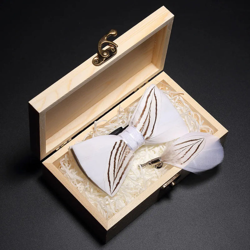 Premium Handmade Feather Bow Tie & Lapel Brooch with Wooden Box Set