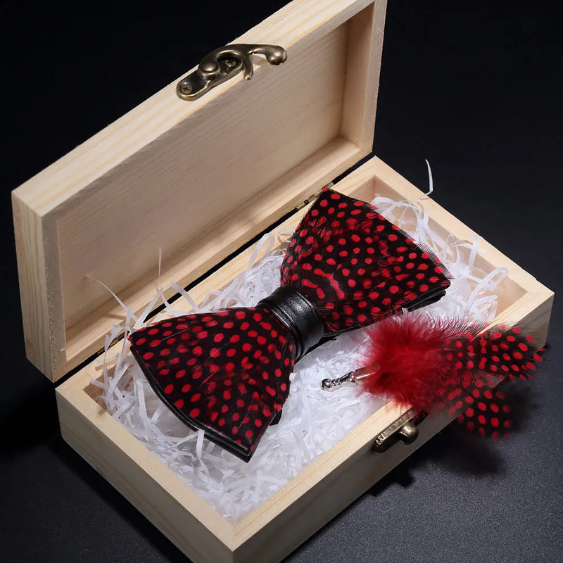 Premium Handmade Feather Bow Tie & Lapel Brooch with Wooden Box Set