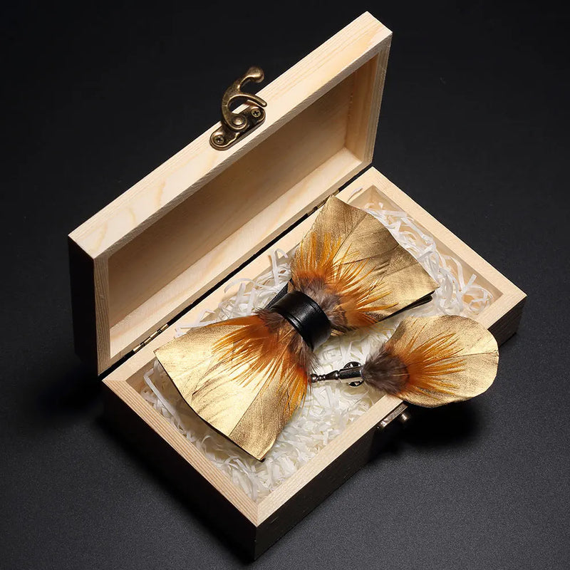 Premium Handmade Feather Bow Tie & Lapel Brooch with Wooden Box Set
