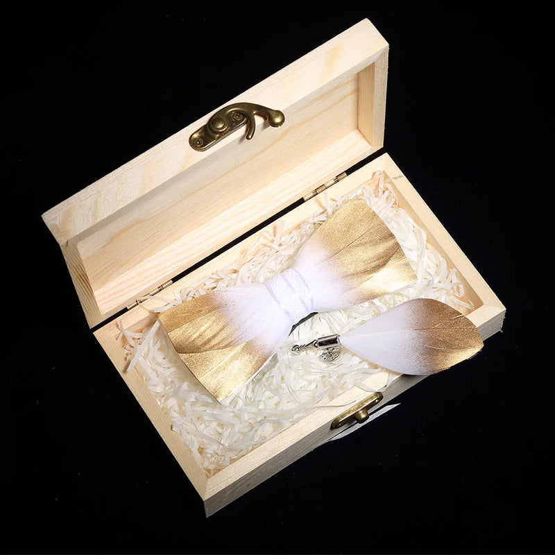 Premium Handmade Feather Bow Tie & Lapel Brooch with Wooden Box Set