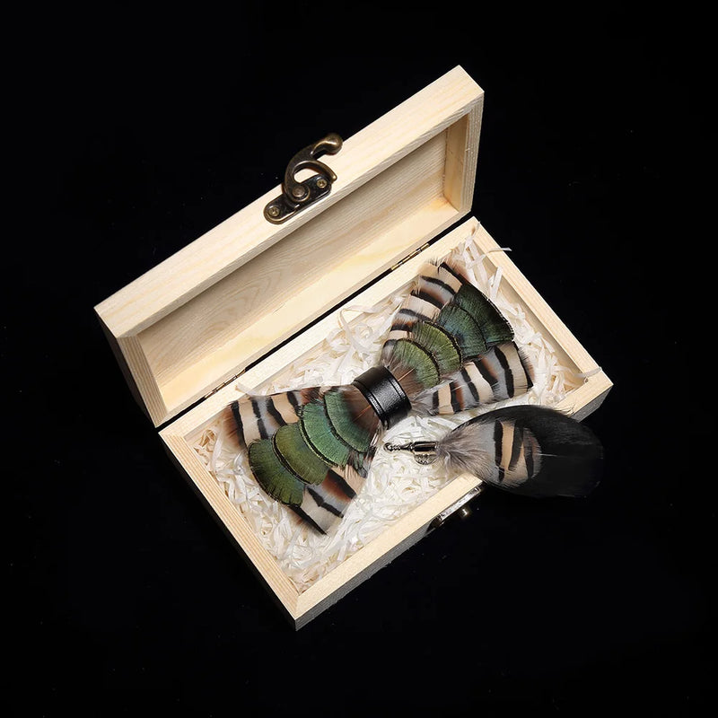 Premium Handmade Feather Bow Tie & Lapel Brooch with Wooden Box Set