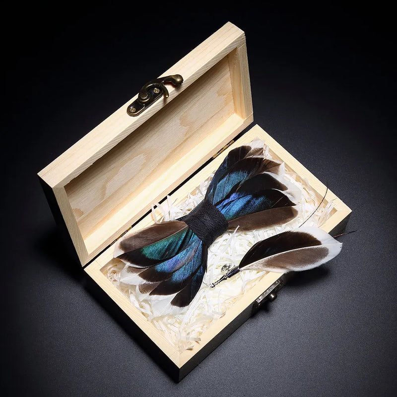 Premium Handmade Feather Bow Tie & Lapel Brooch with Wooden Box Set