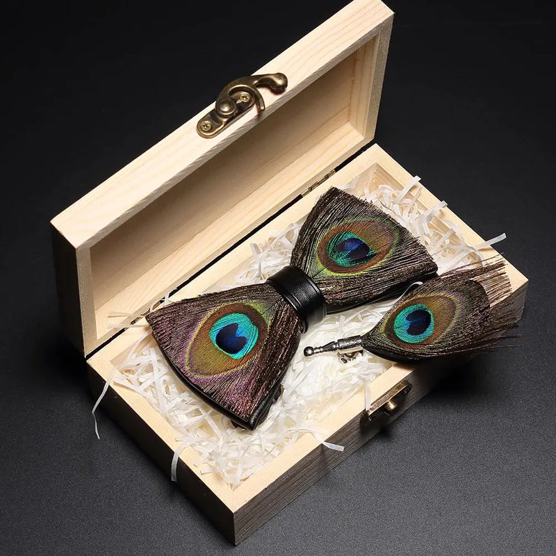 Premium Handmade Feather Bow Tie & Lapel Brooch with Wooden Box Set