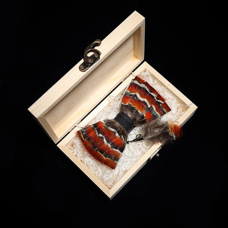 Premium Handmade Feather Bow Tie & Lapel Brooch with Wooden Box Set