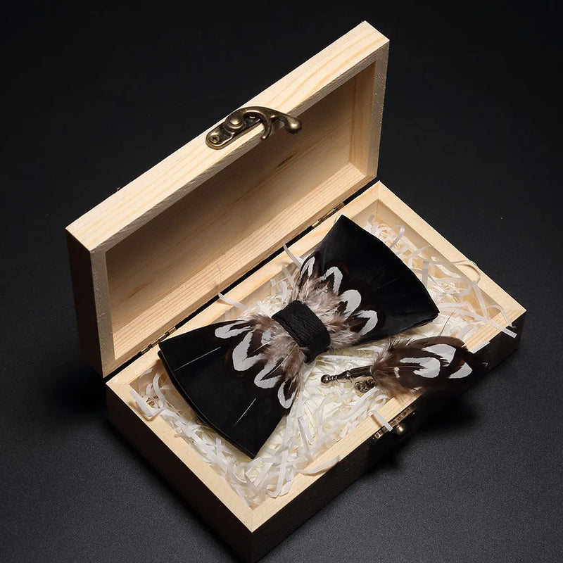 Premium Handmade Feather Bow Tie & Lapel Brooch with Wooden Box Set