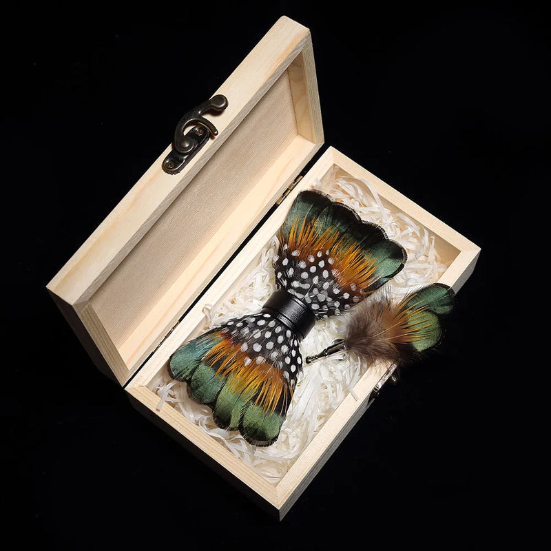 Premium Handmade Feather Bow Tie & Lapel Brooch with Wooden Box Set