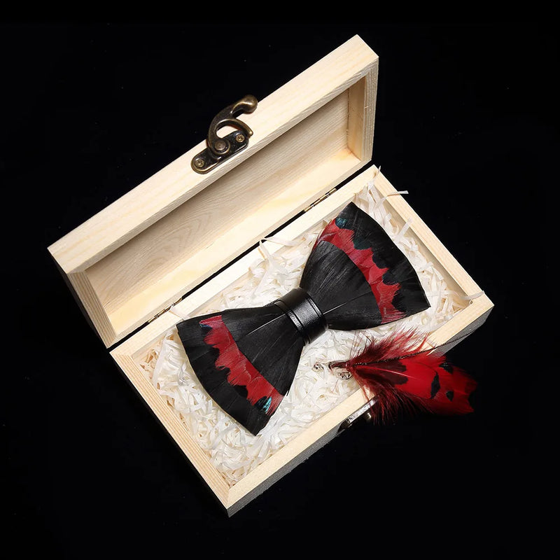 Premium Handmade Feather Bow Tie & Lapel Brooch with Wooden Box Set