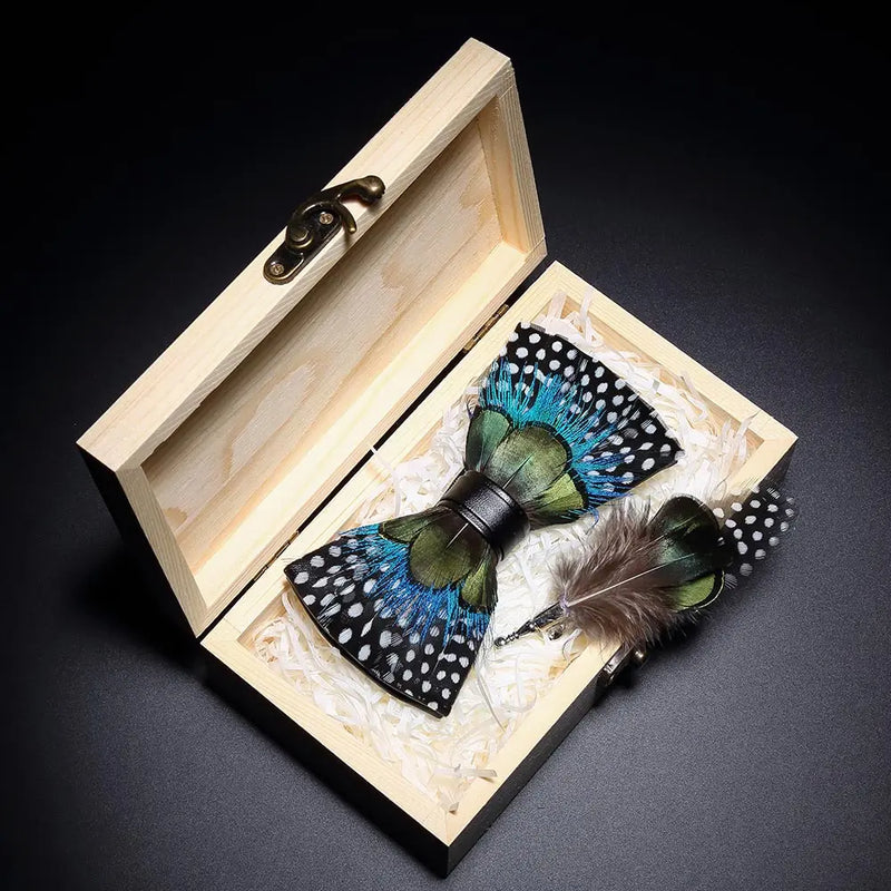 Premium Handmade Feather Bow Tie & Lapel Brooch with Wooden Box Set