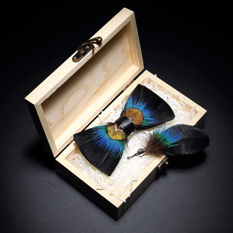 Premium Handmade Feather Bow Tie & Lapel Brooch with Wooden Box Set