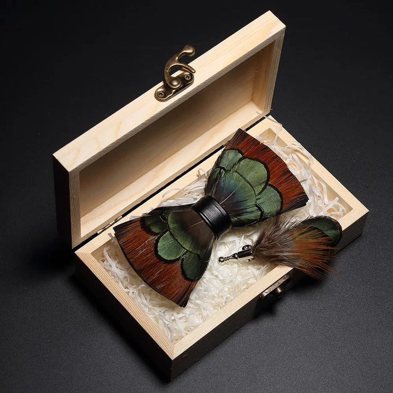 Premium Handmade Feather Bow Tie & Lapel Brooch with Wooden Box Set