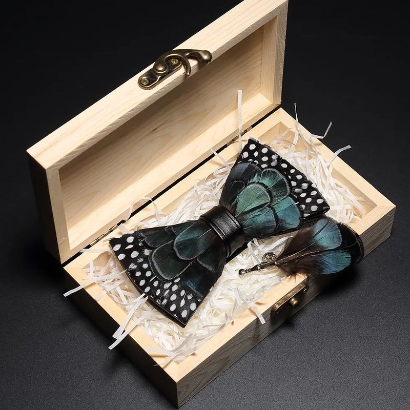 Premium Handmade Feather Bow Tie & Lapel Brooch with Wooden Box Set