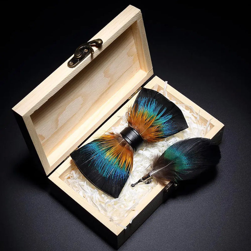 Premium Handmade Feather Bow Tie & Lapel Brooch with Wooden Box Set