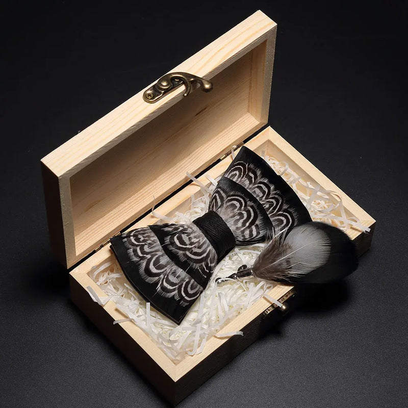Premium Handmade Feather Bow Tie & Lapel Brooch with Wooden Box Set