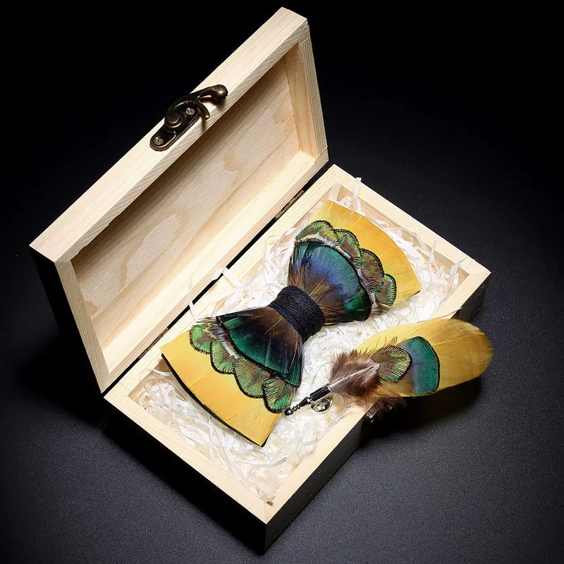 Premium Handmade Feather Bow Tie & Lapel Brooch with Wooden Box Set