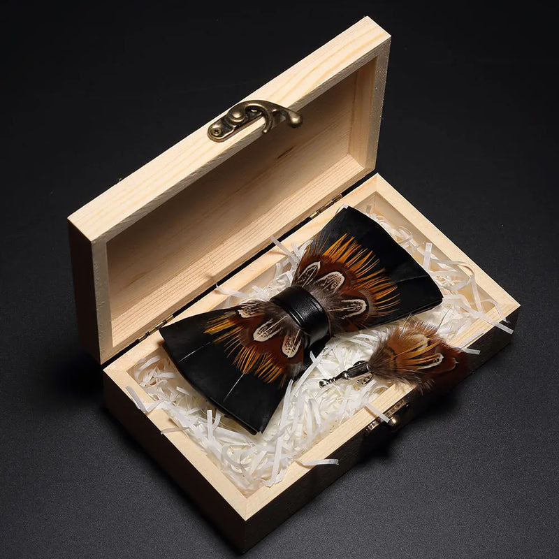 Premium Handmade Feather Bow Tie & Lapel Brooch with Wooden Box Set