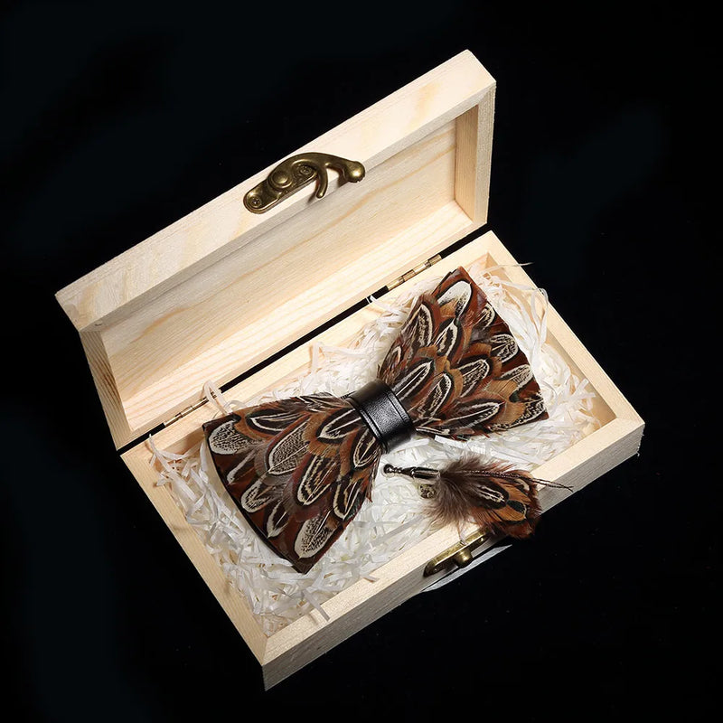 Premium Handmade Feather Bow Tie & Lapel Brooch with Wooden Box Set