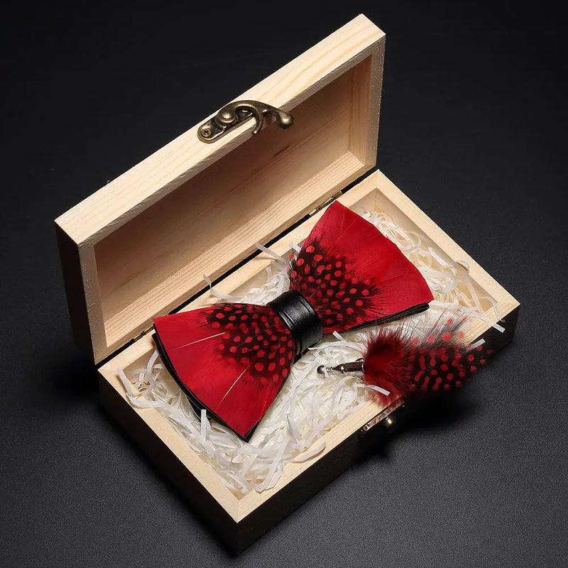 Premium Handmade Feather Bow Tie & Lapel Brooch with Wooden Box Set
