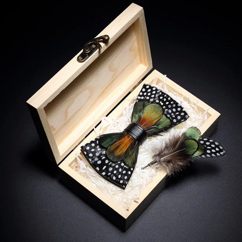 Premium Handmade Feather Bow Tie & Lapel Brooch with Wooden Box Set