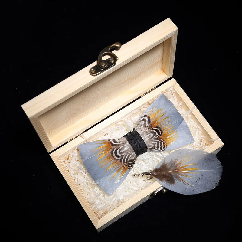 Premium Handmade Feather Bow Tie & Lapel Brooch with Wooden Box Set