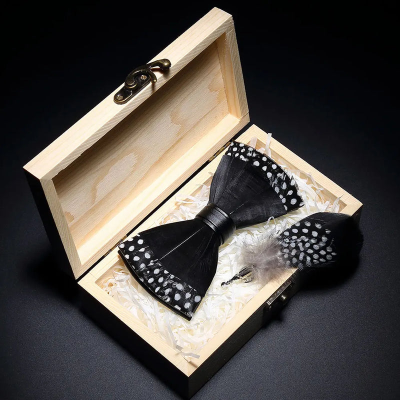 Premium Handmade Feather Bow Tie & Lapel Brooch with Wooden Box Set