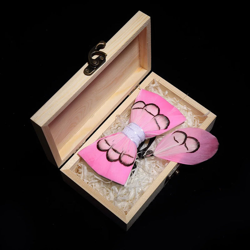 Premium Handmade Feather Bow Tie & Lapel Brooch with Wooden Box Set