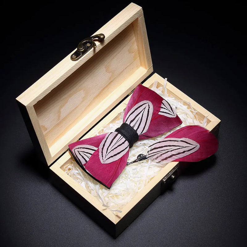 Premium Handmade Feather Bow Tie & Lapel Brooch with Wooden Box Set