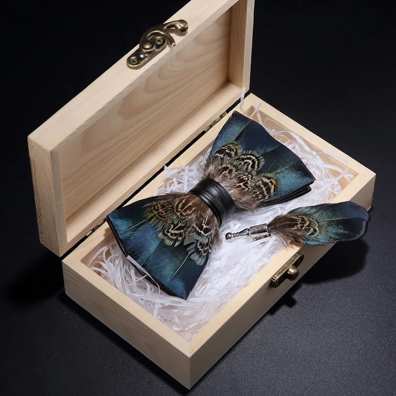 Premium Handmade Feather Bow Tie & Lapel Brooch with Wooden Box Set