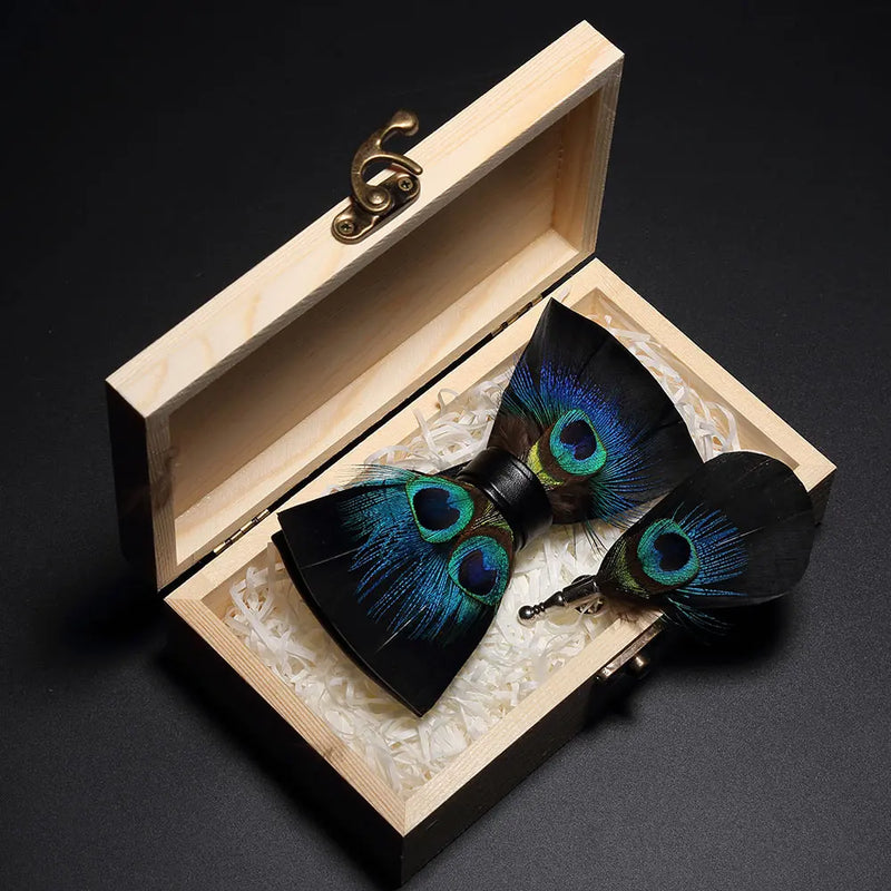 Premium Handmade Feather Bow Tie & Lapel Brooch with Wooden Box Set