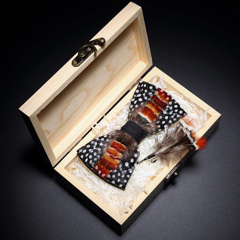 Premium Handmade Feather Bow Tie & Lapel Brooch with Wooden Box Set