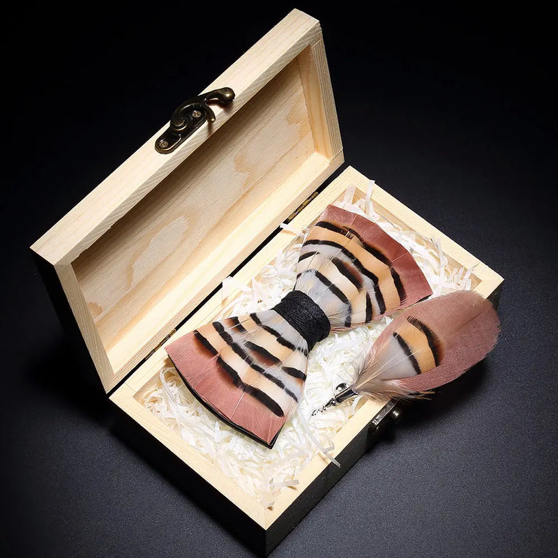 Premium Handmade Feather Bow Tie & Lapel Brooch with Wooden Box Set
