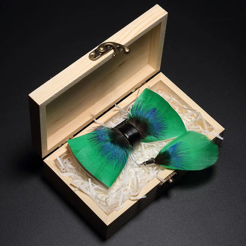 Premium Handmade Feather Bow Tie & Lapel Brooch with Wooden Box Set