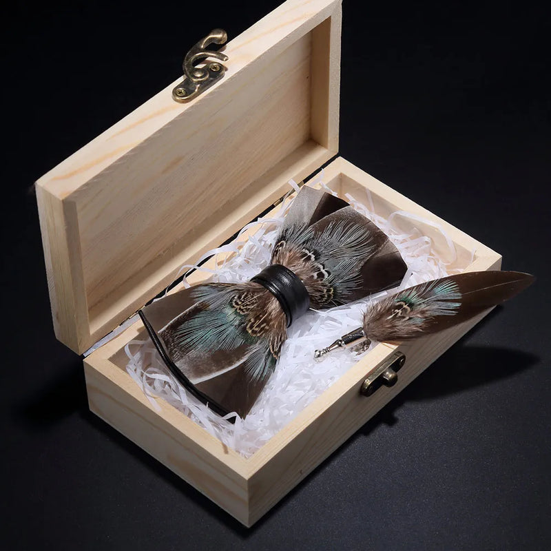 Premium Handmade Feather Bow Tie & Lapel Brooch with Wooden Box Set