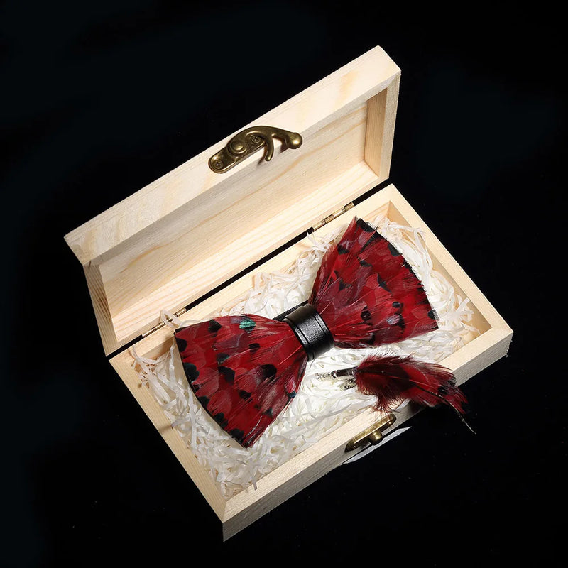 Premium Handmade Feather Bow Tie & Lapel Brooch with Wooden Box Set