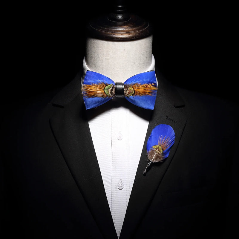 Premium Handmade Feather Bow Tie & Lapel Brooch with Wooden Box Set