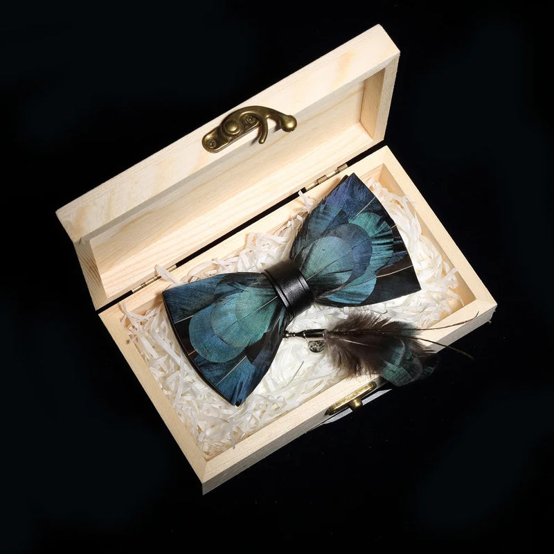 Premium Handmade Feather Bow Tie & Lapel Brooch with Wooden Box Set