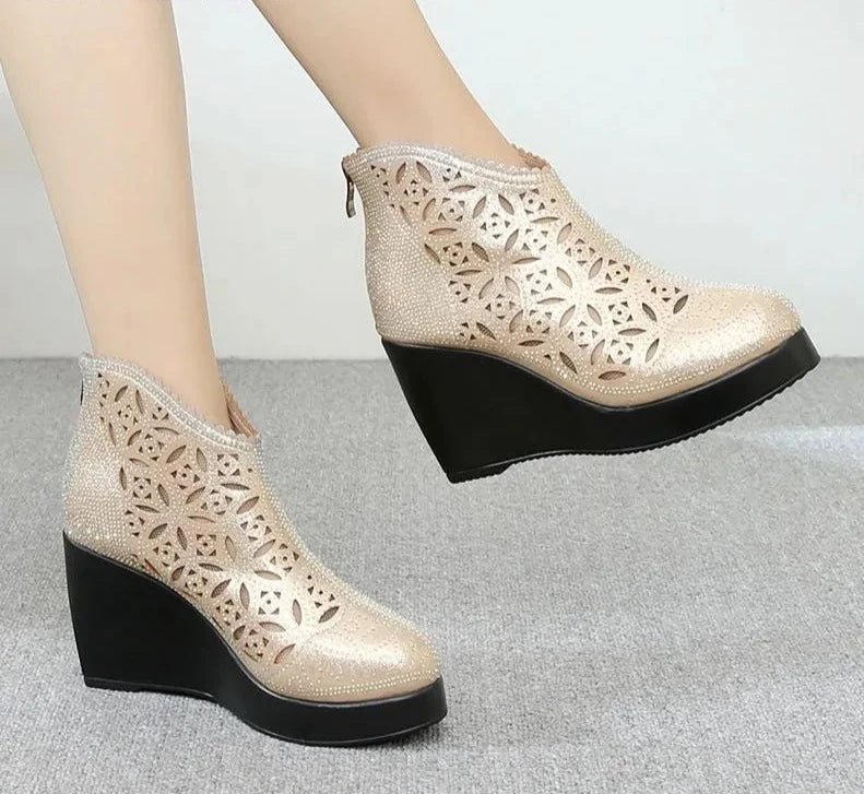 Genuine Leather Rhinestones Summer New Mesh Boots For Women