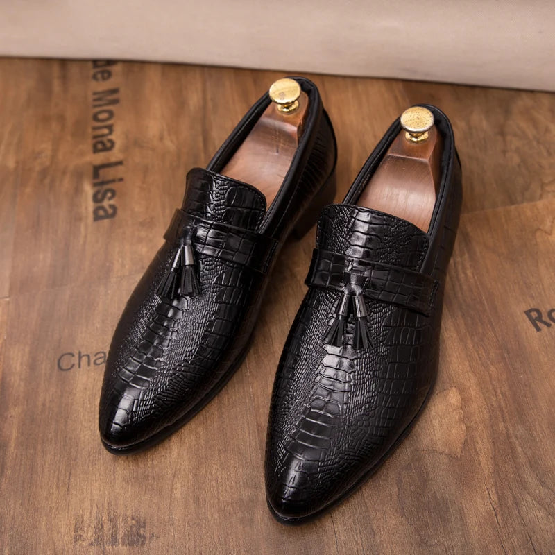 Snake Skin Fashion Tassel Soft Moccasins Mens Genuine Leather Casual Loafers
