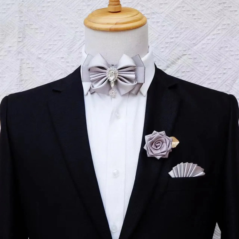 Men's Business Suits Accessories Collar Flowers Bow Tie Brooch Set