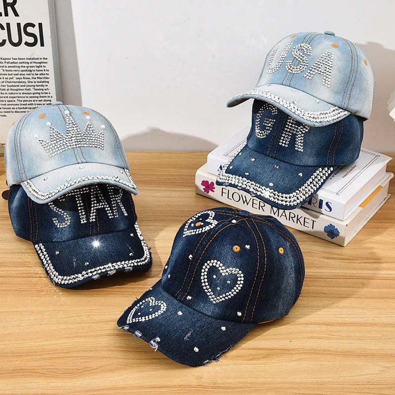 Diamond Encrusted Adjustable Back Buckle Women Baseball Cap